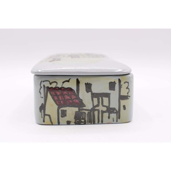 Italian Pottery Ceramic Trinket Box Village Scene Lid Gray Purple Signed Vintage - Picture 5 of 13